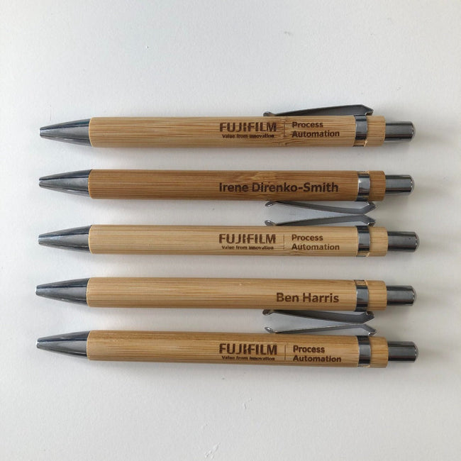 Guest or employee names and corporate logos added on these wooden pens are a great corporate gift