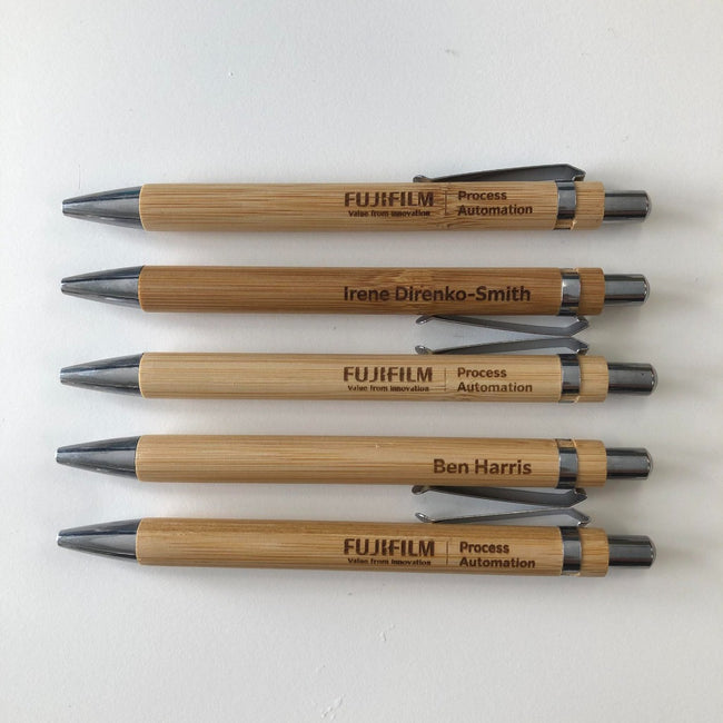 Guest or employee names and corporate logos added on these wooden pens are a great corporate gift