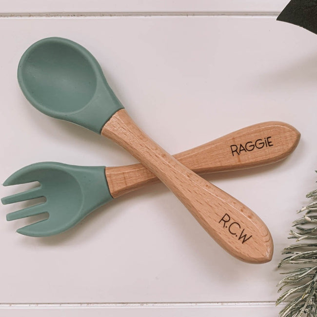 BPA free silicone baby feeding accessories NZ, fork and spoon set, engraved wooden spoon for babies, custom feeding set, natural and safe feeding accessories
