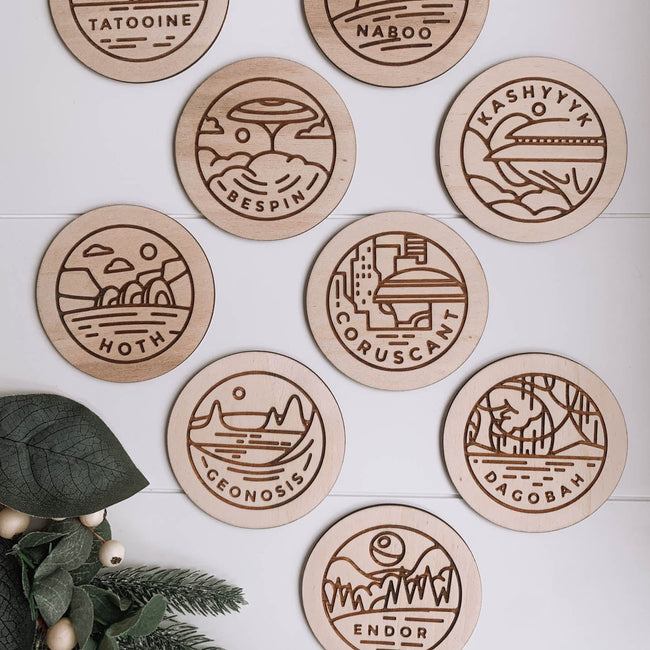 Set of 9 coasters in Star Wars theme made right here in New Zealand. Make a great Star Wars gift.