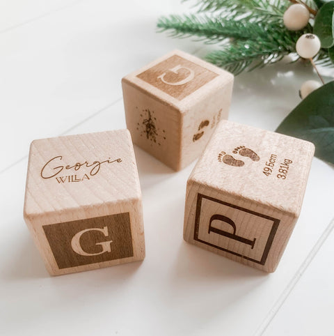 Wooden engraved and personalised birth cube for newborns