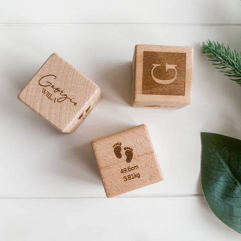 Engraved & personalised wood birth cube made in New Zealand