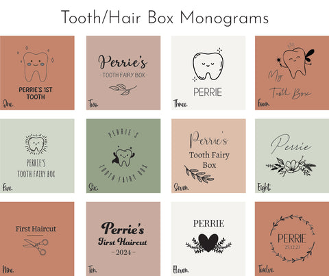 Selection of custom monogram designs for baby keepsake boxes