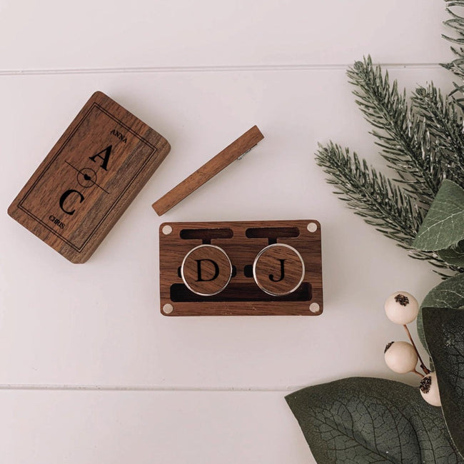 Personalised wood cufflink set including tie clip, engraved here in NZ. Fathers day, birthday, anniversary, give the perfect gift to any guy on their special day.