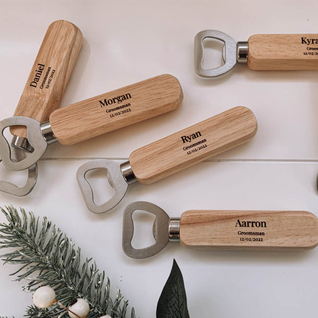 wooden beer opener nz, wooden handle bottle opener, wood and metal bottle opener, personalised bottle opener gift nz