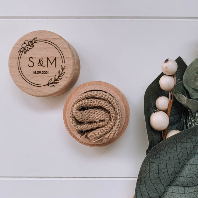 Perfect wedding addition - natural wooden ring box. Engraved with your personalised monogram. Keep those rings safe and looking great.