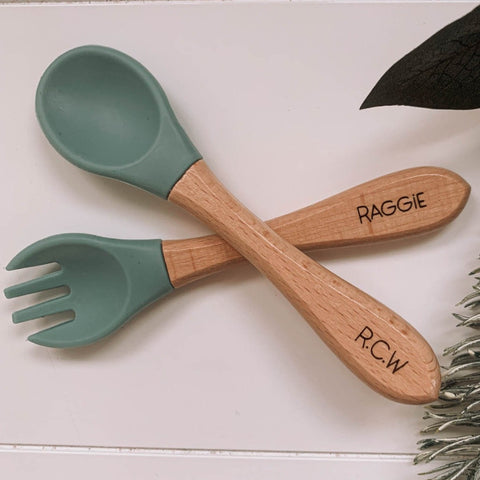 BPA free silicone baby feeding accessories NZ, fork and spoon set, engraved wooden spoon for babies, personalized feeding set