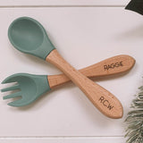 BPA free silicone baby feeding accessories NZ, fork and spoon set, engraved wooden spoon for babies, custom feeding set, natural and safe feeding accessories